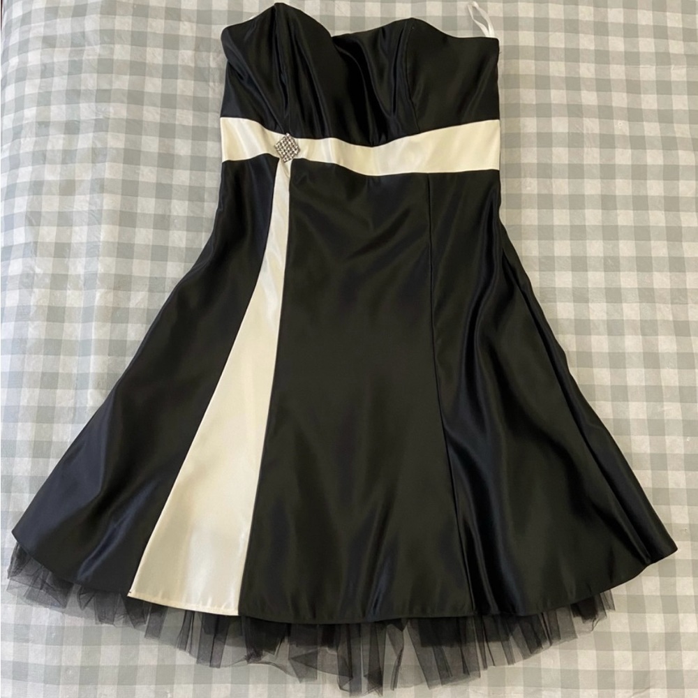 Jessica McClintock Gunne Sax size 11 sateen Prom mini dress black white strapl - Picture 3 of 16